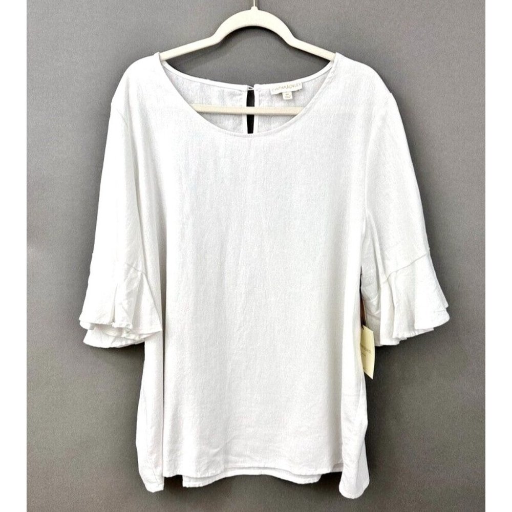 Cynthia Rowley White Top 1X Linen Blend Flutter Trim Sleeve Coastal Grandma NEW